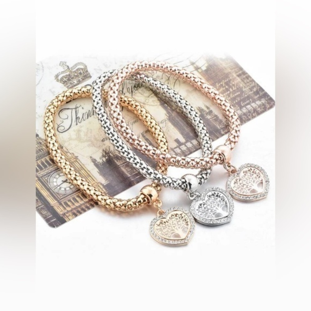 3pcs Tree Detail Heart  Charm Bracelets Set